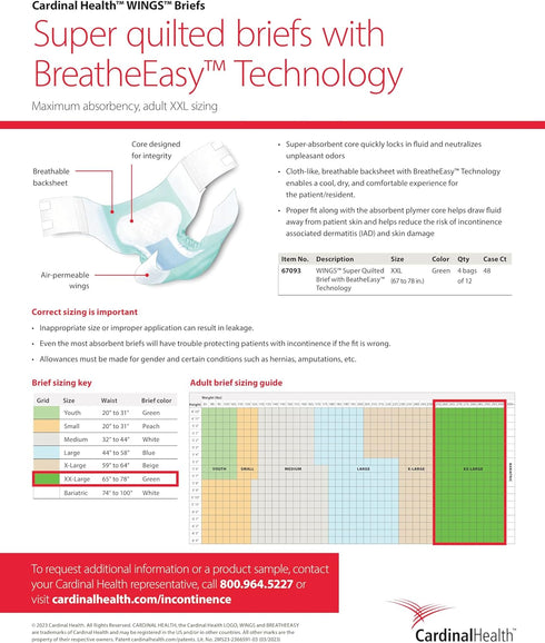 48 Cardinal Health Quilted Adult Briefs, Wings Super with BreatheEasy Technology, Maximum Absorbency, XX-Large - Case
