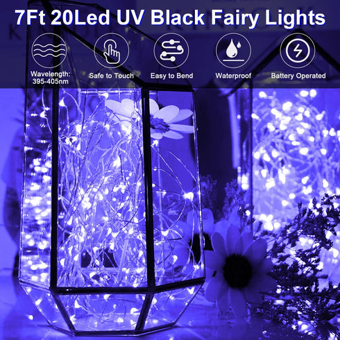 Smacen 6 Pack 7 20 Black Light Fairy Lights Battery Operated UV Black String Lights Waterproof Silver Wire Ft Led