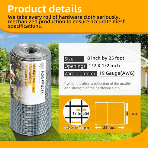8inch 25ft 1/2 inch 19Ga, x Hardware Cloth Chicken Wire Fencing Hot Dipped Galvanized After Welding Garden Plant
