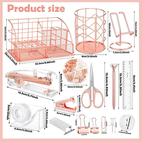 Rose Gold Office Supplies, Mesh Desk Organizers with Tape Holder, Stapler, Pen Holder, and More for Office