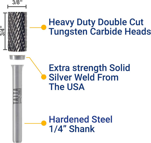 Carbide Burr 1/4" Shank, SA-3 Tungsten Double Cut Rotary Die Grinder Bits for Wood Carving and Metal Working