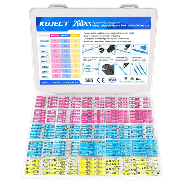 Kuject Heat Shrink Wire Connectors, Multipurpose Waterproof Electrical Wire Terminals Kit, 260PCS