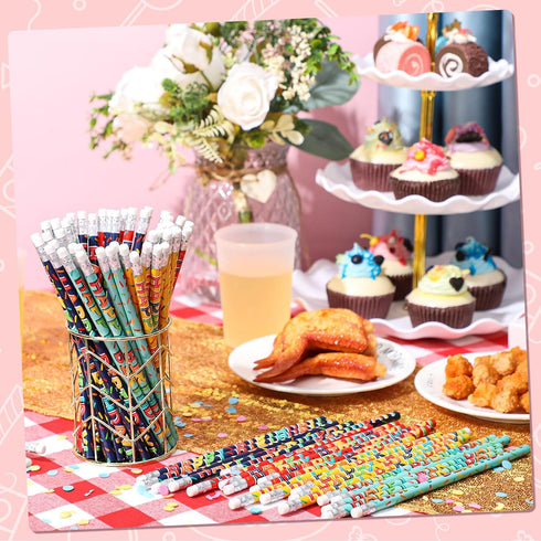 Kosiz Happy Birthday Pencils, Colorful Printed Birthday Pencils with Top Erasers, Perfect for Teachers and Kids Gifts