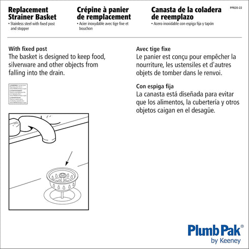 Plumb Pak PP820-22 PlumPak Replacement Sink Basket Strainer With Fixed Post And Stopper, Stainless Steel, No Size, Stainless-Steel by Plumb Pak