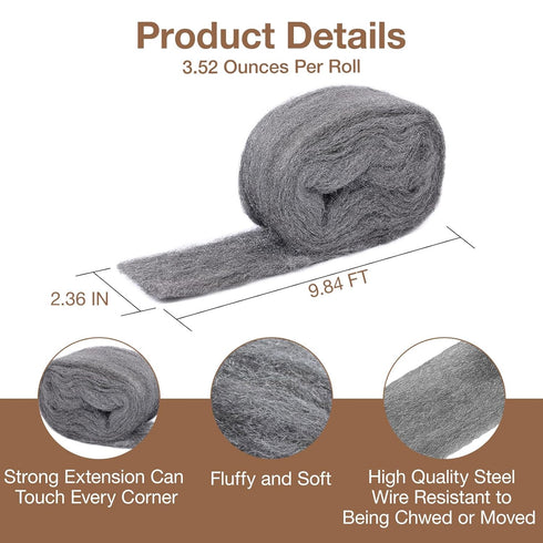 Steel Wool Mice Control - 2 Pcs 2.36"×9.84Ft for Wall Hole/Gap Filler, Keep Animals Away from Cracks and Vents