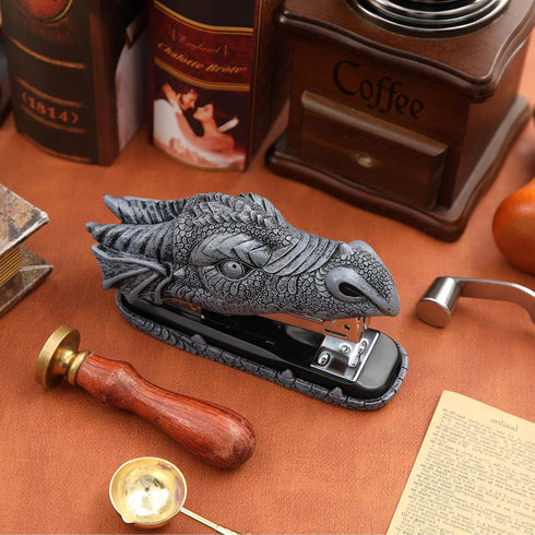 Dragon Stapler with 2000 Staples, Kids Novelty Stapler, Funny Carving Resin Faucet Stapler for Office Desk Decor (Grey)