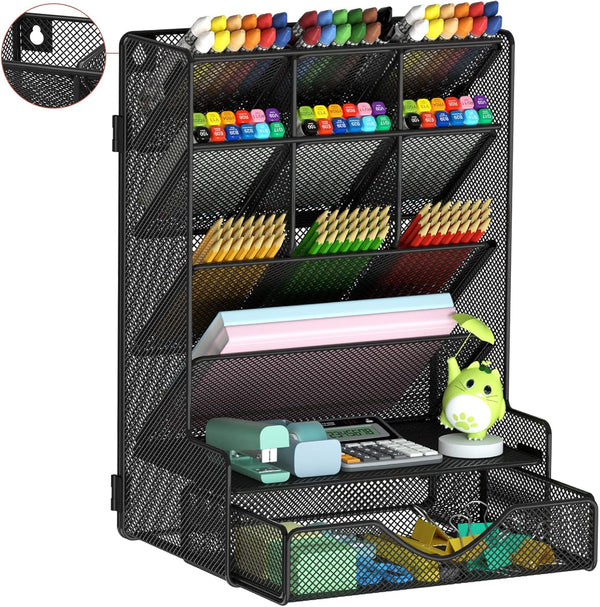 Multi-Functional Desk Organizer, Wall Mount Pen Holder with Drawer for School, Office, Home, Art Supplies