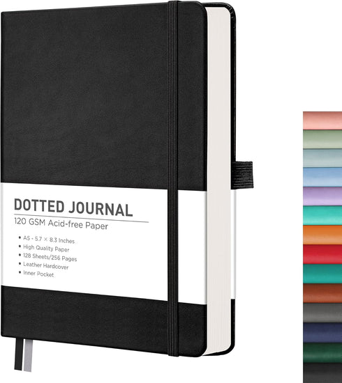 RETTACY A5 Bullet Dotted Journal, 256 Pages, 120 GSM Premium Acid-Free Paper, Leather Hardcover, Black