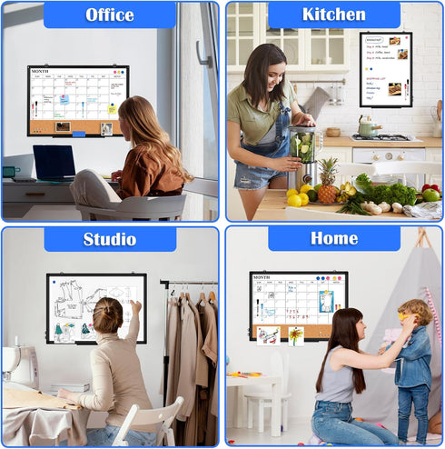 Monthly Calendar Whiteboard Dry Erase Cork Board Combo, 24" x 18" Magnetic Double-Sided Board
