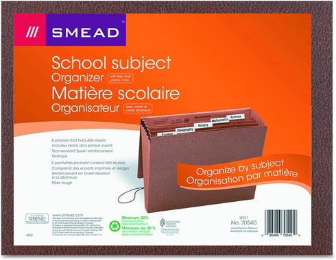Smead 70540 School Subject File Organizer, 6 Pockets, Letter Size, Redrope