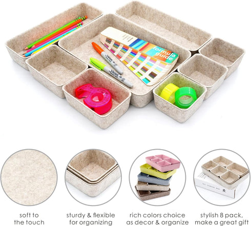Welaxy Drawer Organizer Trays, Felt Storage Bins for Office Desk with Nordic Minimalism Design - 8-Piece Set