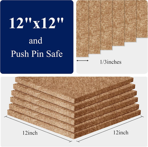 Felt Corkboards for Wall 6 Pack 12 x 12-1/3" Brown Self-Adhesive Cork Board Tiles Square Bulletin Board with 100 Push Pins Frameless Cork Tiles for Walls Home Office by NACHLYNN
