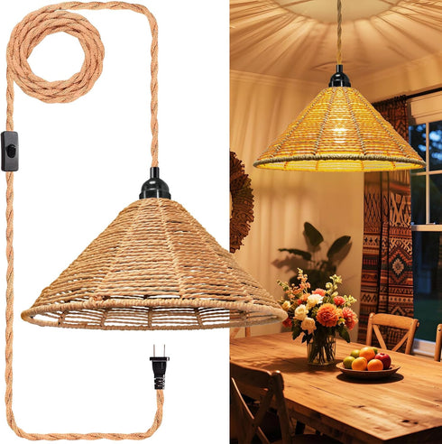 Maliralt 16.4ft Hanging Lamps Rattan Pendant Light - Plug in Cord Hanging Light Fixture Plug Into Wall Outlet Pendant