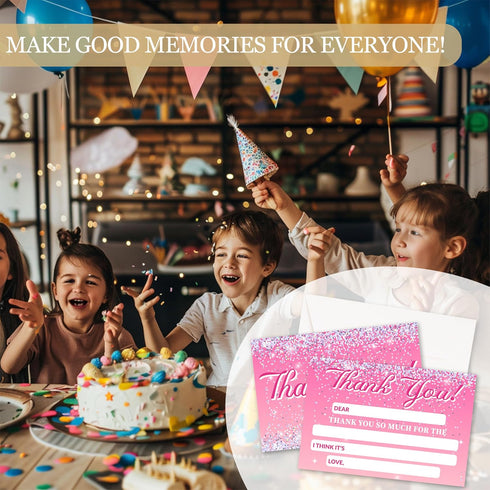 HMJKL 20 Pack (15) Pink Glitter Thank You Cards Fill In The Blank, Rose Gold Thank You Notes For Kids, Thank You