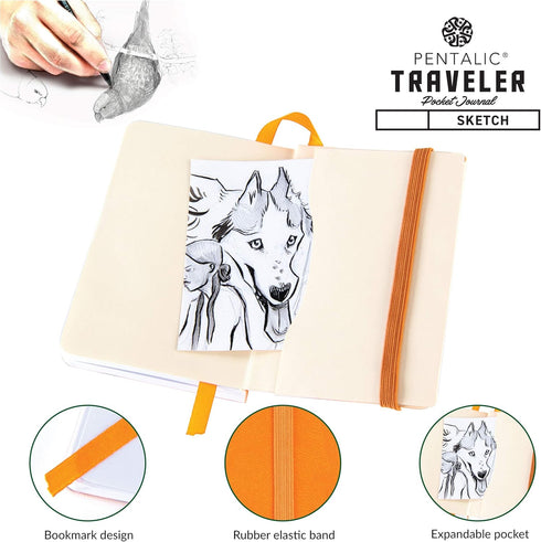 Pentalic Pocket Sketchbook: 3" x 4" Traveler Journal, 160 Pages, Orange