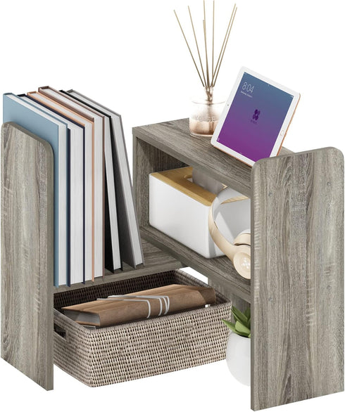 Furinno Classic Desktop Organizer Storage Rack, Adjustable Free Style Rotation Display Bookshelf, French Oak 6.7D x