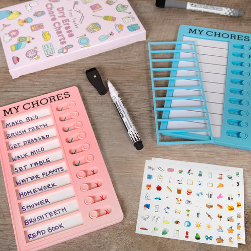 Dry Erase Chore Chart Set (2 Pcs) - Chore Chart for Kids & Adults (Blue & Pink)