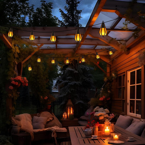 33Ft 15 Bulbs, Solar String Lights for Outside, Solar Patio Light with Flickering Flame Light Waterproof Warm White