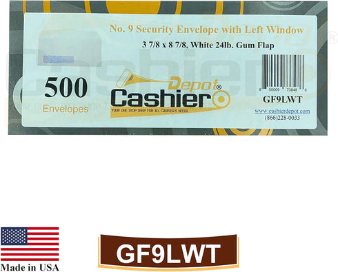 Cashier Depot #9 Business Envelopes with Left Window, 500/Box, 3 7/8 x 8 7/8
