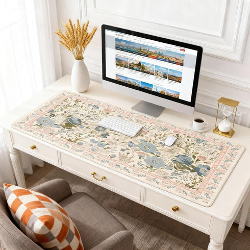 OUNNTC Aesthetic Pink Floral Desk Pad, XXL Large Mouse Pad for Desk with Anti-Slip & Stitched Edges, Keyboard Mat
