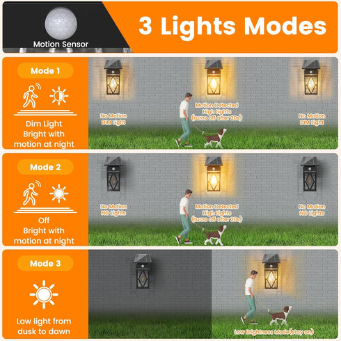 3 IP65 E26 Bulb Solar Porch Lights Outdoor, Dusk to Dawn & Motion Sensor Solar Wall Light with Lantern Shape, Modes