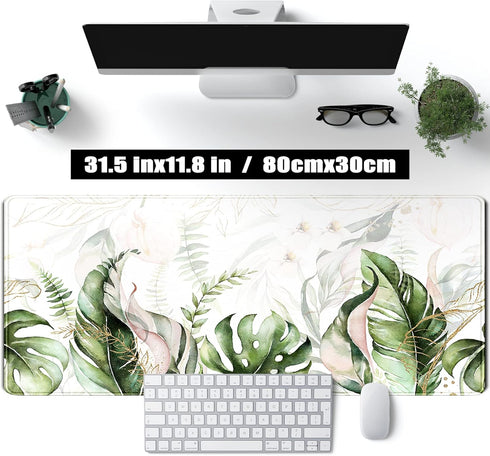 Green Tropical Leaves Desk Mat XL Large Gaming Mouse Pad Green Sage Plant Laptop Keyboard Mouse Mat Office Supplies Desk Decor Accessories for Women, Desk Mats Pads on top of Desks, 31.5x11.8 in by TENG DA QING