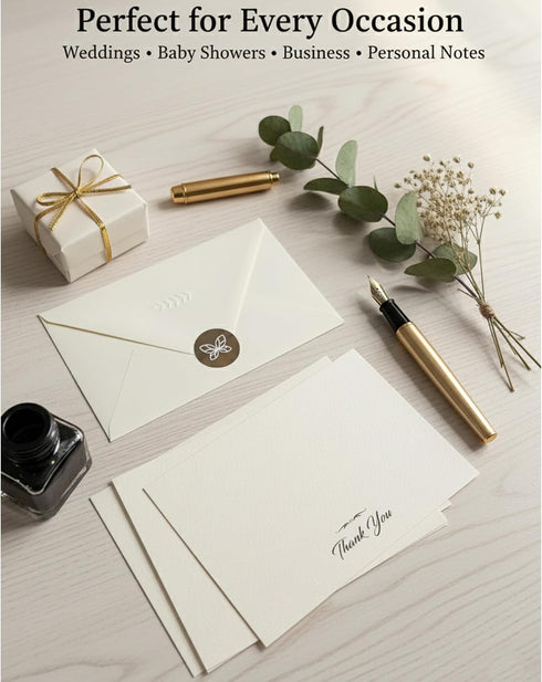 Papierville 24 Pack 4x6, Thank You Cards with Envelopes & Stickers Ivory Gold Foil Flat Notecards Thick Matte Paper
