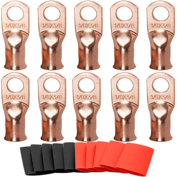 SVAAR 1/0 Copper Lugs, 1/0 AWG-3/8 Ring Lugs, Heavy Duty Closed End Lugs, 10PCS 0 Gauge Lugs + 10PCS Heat Shrink Tube
