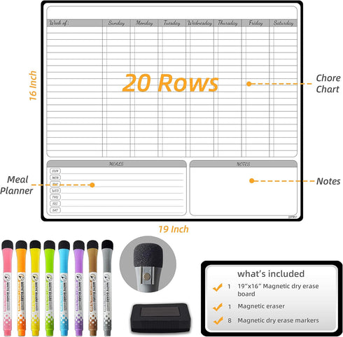 JJPRO Magnetic Dry Erase Chore Chart for Multiple Kids and Adults:Large Whiteboard16"x19"-Chore Kids,Calendar,Meal Board Notes All-in-One,Behavior Kids,Teenagers, White by JJPRO