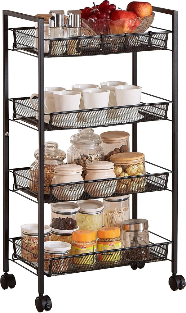 crkmire 4 Tier Metal Rolling Cart, Utility Storage Cart with Wheels and Handle