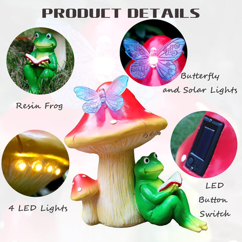 RCTTICUU Solar Frog Mushroom Garden Statues,Statuettes of Resin Frog Mushroom Reading a Book Figurine with LED Solar