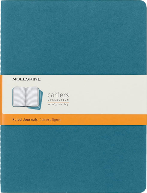 Moleskine Cahier Journal, Soft Cover, XL (7.5" x 9.5"), Ruled/Lined, Brisk Blue, 120 Pages (Set of 3)