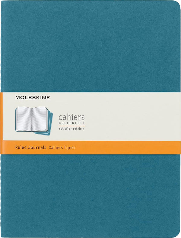 Moleskine Cahier Journal, Soft Cover, XL (7.5" x 9.5"), Ruled/Lined, Brisk Blue, 120 Pages (Set of 3)