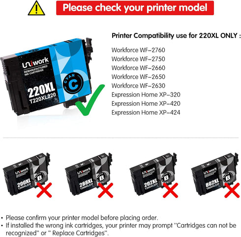 Uniwork Remanufactured Ink Cartridge Replacement for Epson 220 220XL, 4 Pack for Workforce WF-2760, WF-2750, WF-2630,