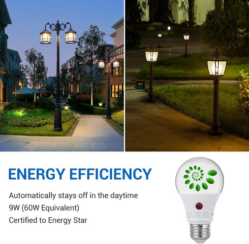 DEWENWILS 4 Pack A19 Dusk to Dawn LED Light Bulbs, 9W (60W Equivalent) 2700K Warm White, E26 Base, UL Listed