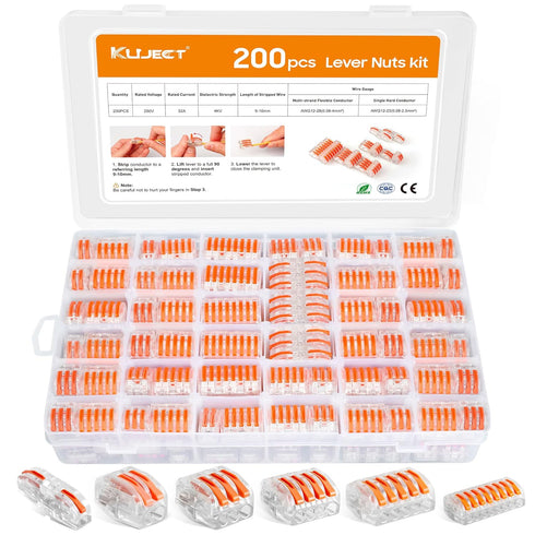 Kuject 200PCS Lever Wire Nuts Connectors Kit, Electrical Push-in Connectors with 2/3/4/5/8 Conductor Combinations