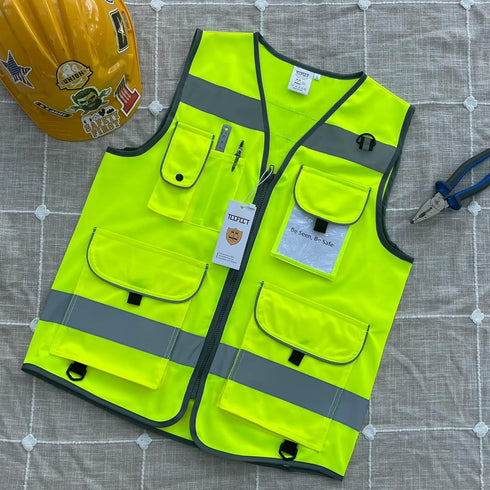 TCCFCCT High Visibility Vest with 9 Pockets, Reflective Safety Work Vest for Men Women, Meets ANSI/ISEA Standards