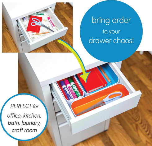 Three by Three Seattle 6 Piece Multicolor Shallow Metal Organizer Tray Set for Storing Makeup, Stationery, Utensils in