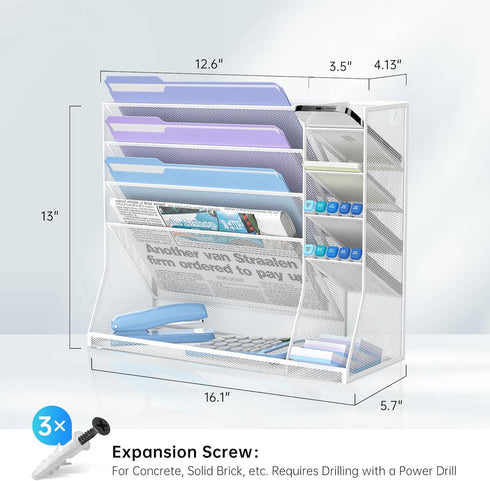 Wall Mounted File Organizer, 5-Tier Desk Organizer with 4 Pen Holders, Mesh Accessories for Office Supplies, White