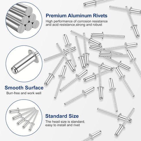 WORKPRO 200Pcs Aluminum Blind Rivets, 3/16" x 1/2" Pop Rivets Assortment for Metal, Marine, Automotive