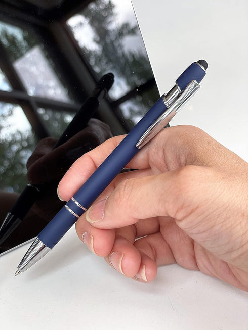 Pack of 5 Rubberized Comfort Soft Touch 2 in 1 Ballpoint Pen, Capacitive Stylus Tip, Black Ink, Dark Navy Blue