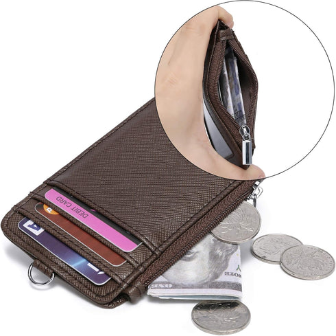 ID Badge Holder with Neck Lanyard - PU Leather Wallet Case with 1 ID Window, 4 Card Slots (Coffee)