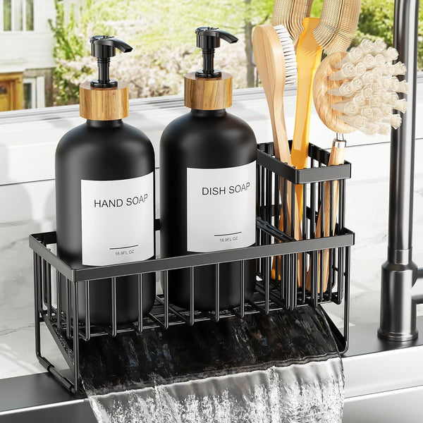 Cisily Kitchen Dish Soap Dispenser Set with 2 Pack 16.9oz Black Glass
