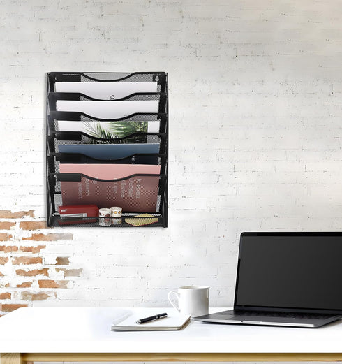 EasyPAG Office Supplies Wall File Organizer, 7 Tier Vertical Hanging File Folders Holder, Black