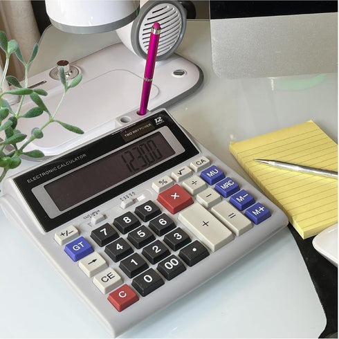 Lily's Home Large Desktop Calculator with Built-in Pen & Pencil Holder, 12-Digit Display for School and Office
