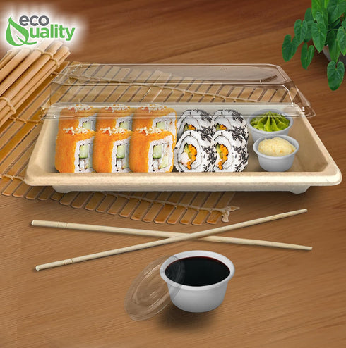 (100) EcoQuality Small Compostable Sushi Trays with Lids - Natural Sugarcane Bagasse Take Out Sushi Container