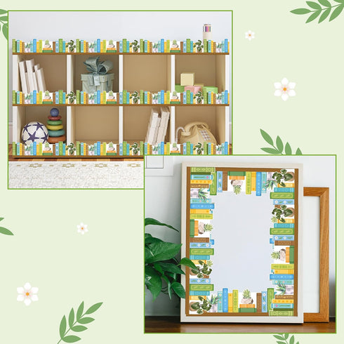 65ft Set BeYumi Plant Bookshelf Border Trim - Spring Green Plant Books Rolled Border Trim Green Potted Plants Bookshelf