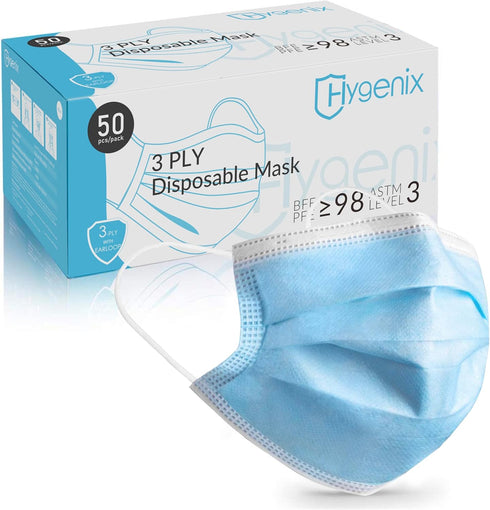 Hygenix Level 3 Procedure 3Ply Disposable Face Masks 98% Filtration, Fluid Resistant,