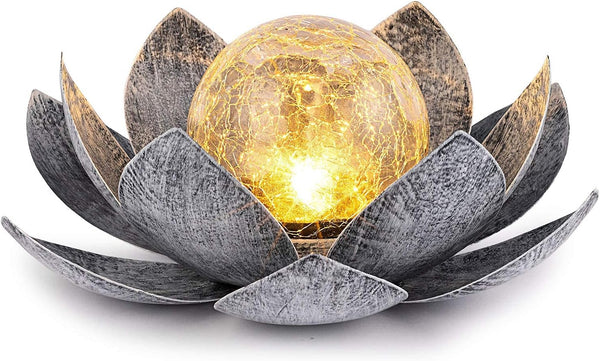 Huaxu Solar Lights Outdoor Garden, Crackle Globe Glass Lotus Decor, Waterproof LED