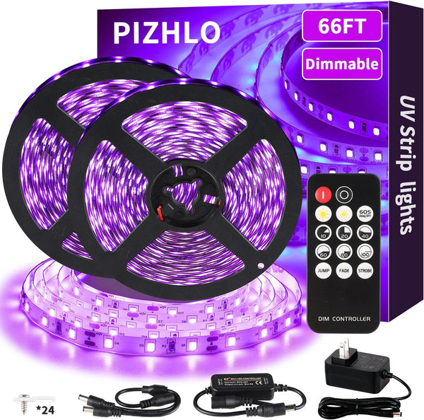 66 Foot Black Light Strips & Remote, Dimmable Flexible Blackights Strip Lights
